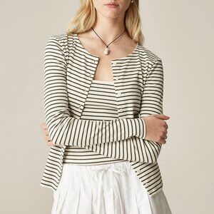 J. Crew Cream and Green Striped Cotton Crewneck Cardigan